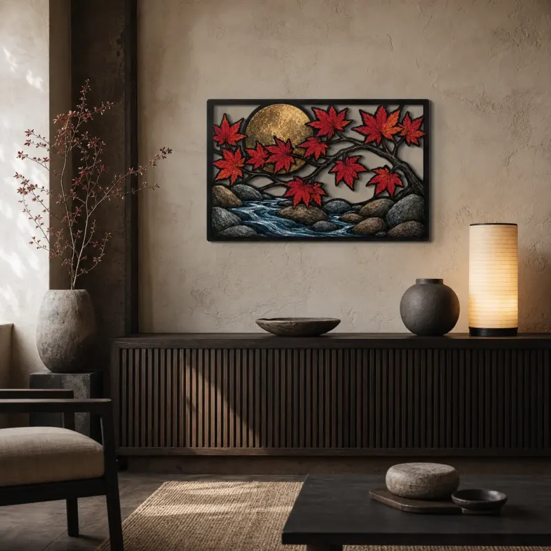 Red Maple Branch over Lotus Stream and Full Moon Colorful Metal Wall Art