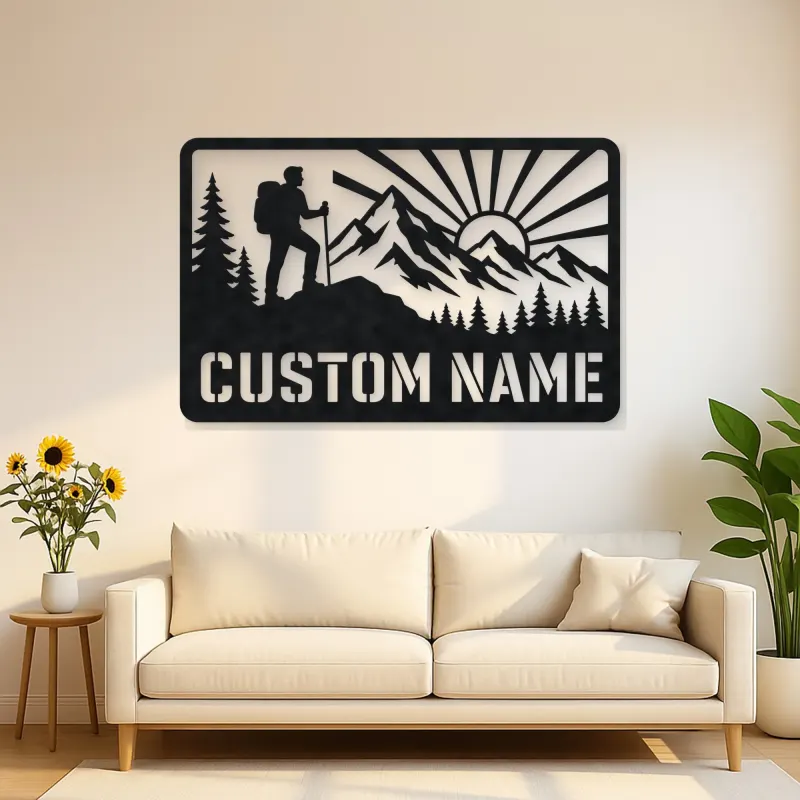 Personalized Mountain Hiker Metal Wall Art with Sunrise