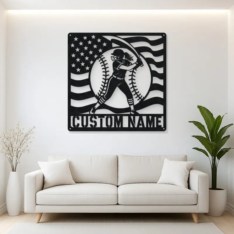 Personalized Female Softball Follow Through Flag Metal Wall Art