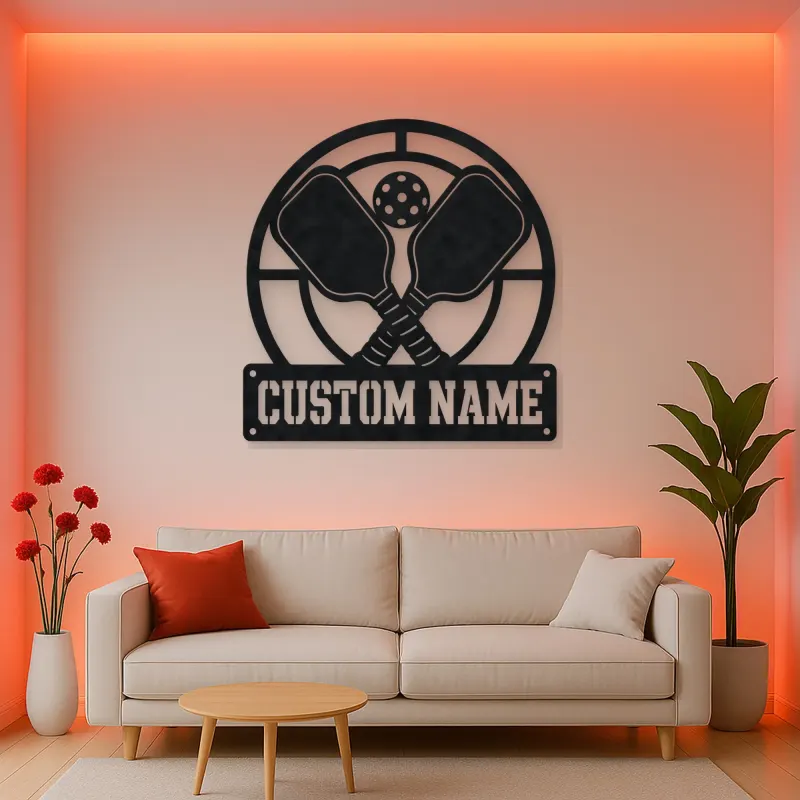 Personalized Pickleball Paddle Metal Wall Art with Court Lines