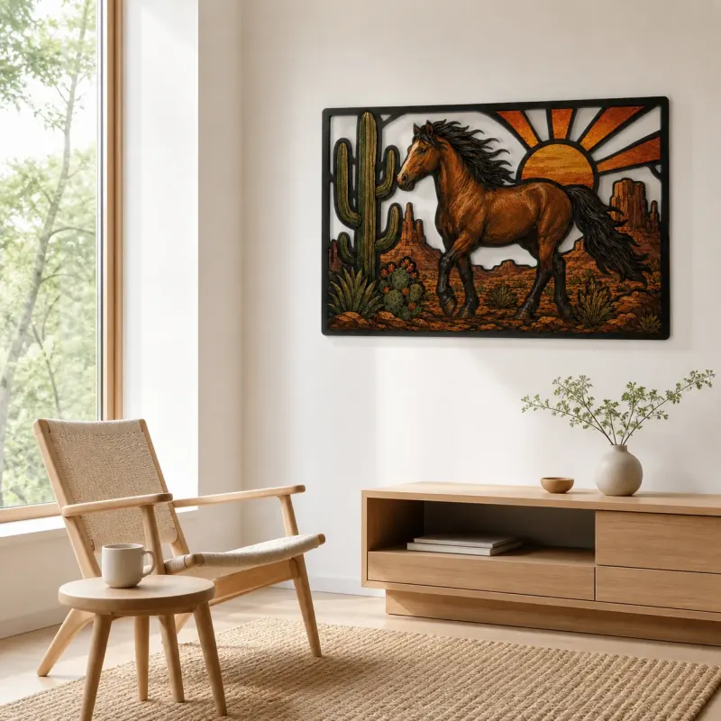 Wild Horse Running through Cactus Desert Colorful Metal Wall Art