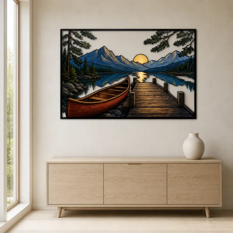 Canoe and Dock on Mountain Lake at Sunset Colorful Metal Wall Art