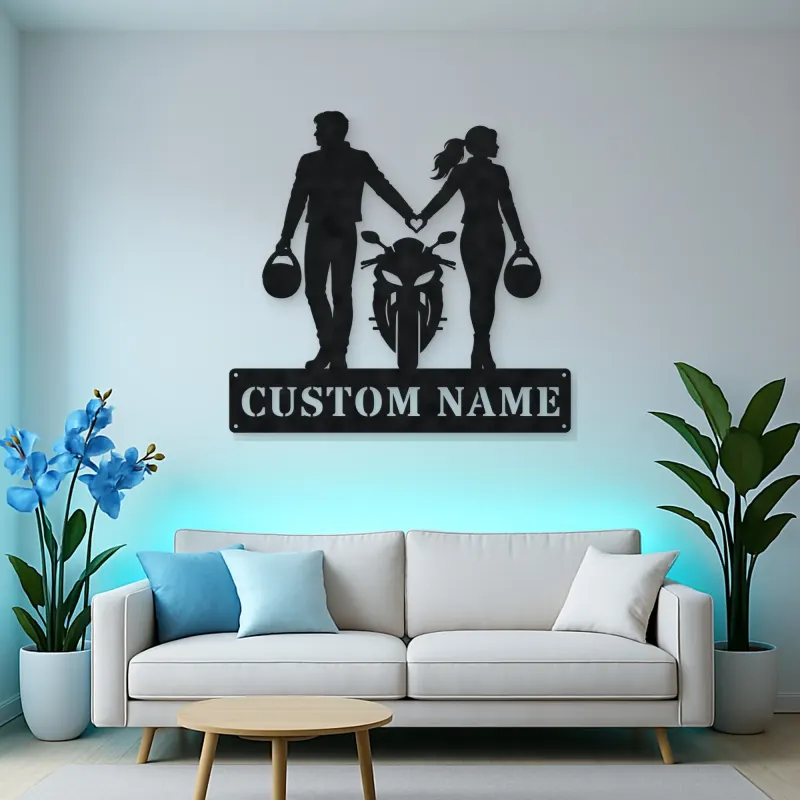 Personalized Helmet Holding Motorcycle Couple Metal Wall Art