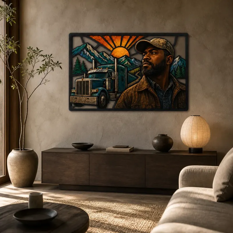 Truck Driver with Mountain Highway Colorful Metal Wall Art