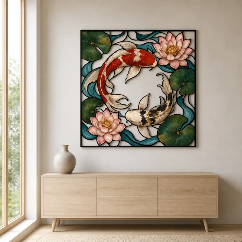 Koi Fish with Lotus Flowers in Ocean Currents Colorful Metal Wall Art