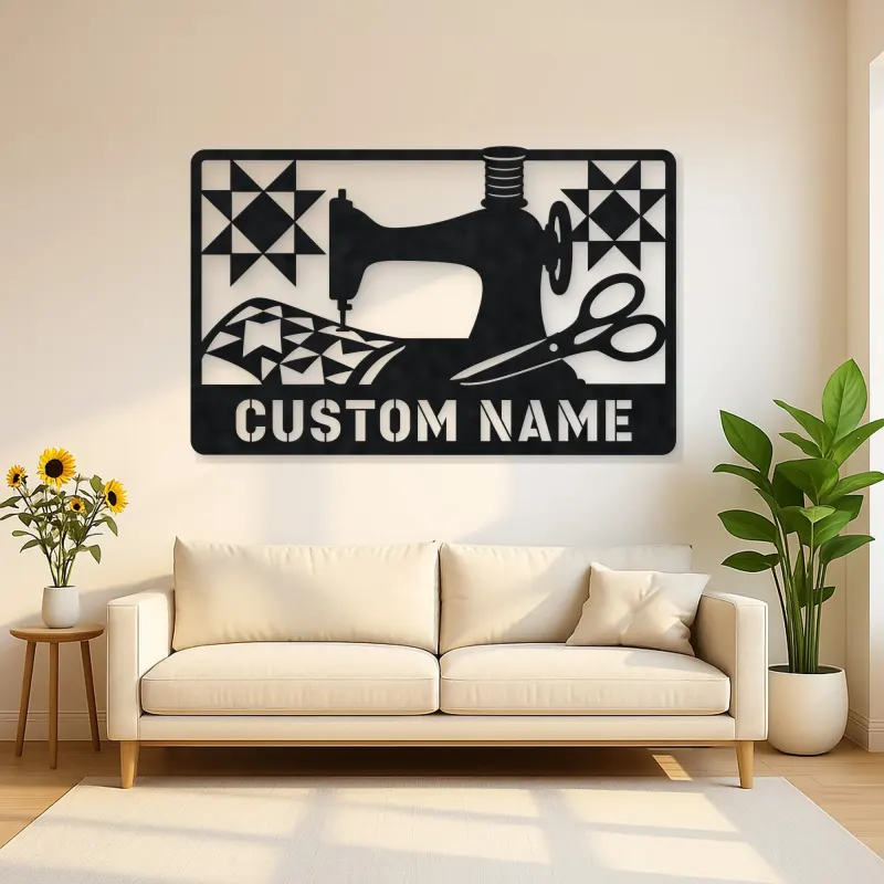 Personalized Sewing Machine Metal Wall Art with Quilt Details