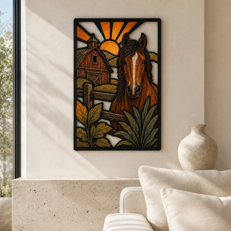 Bay Horse by Rustic Barn at Sunrise Colorful Metal Wall Art