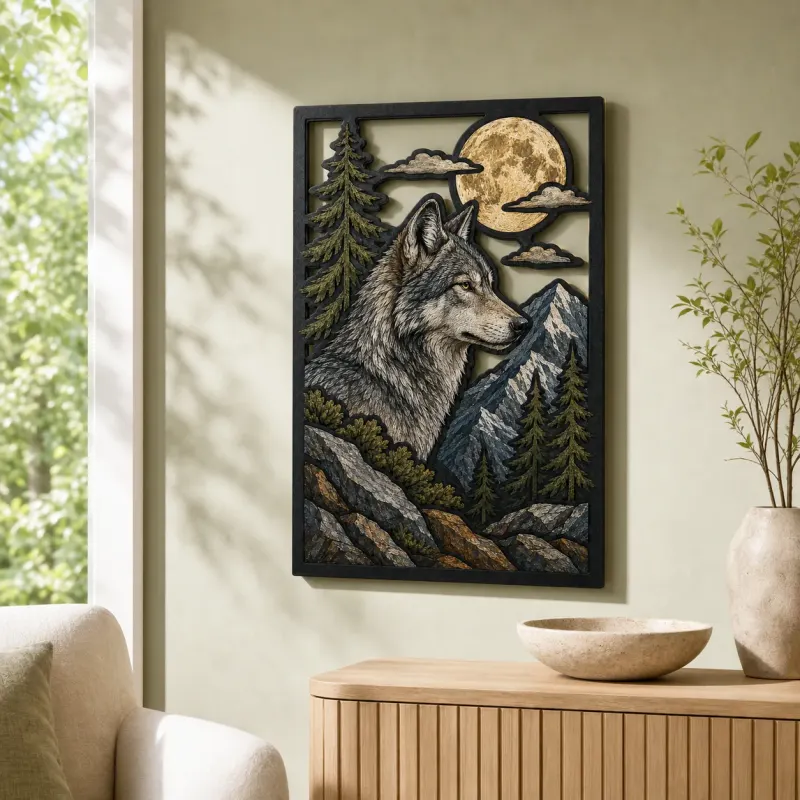 Gray Wolf in Mountain Forest under Full Moon Colorful Metal Wall Art