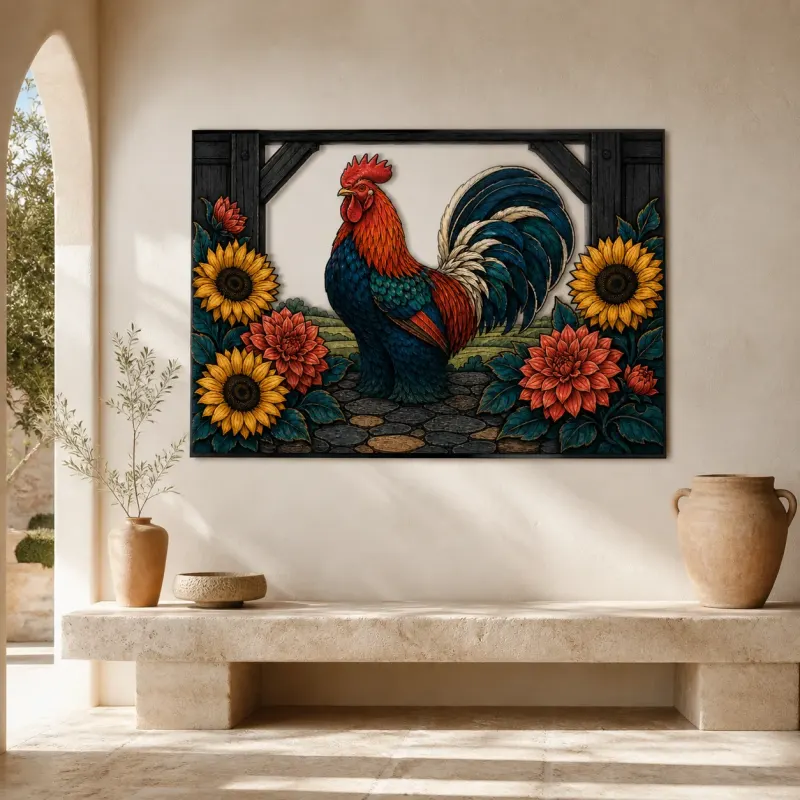 Proud Rooster with Sunflowers by Rustic Barn Colorful Metal Wall Art