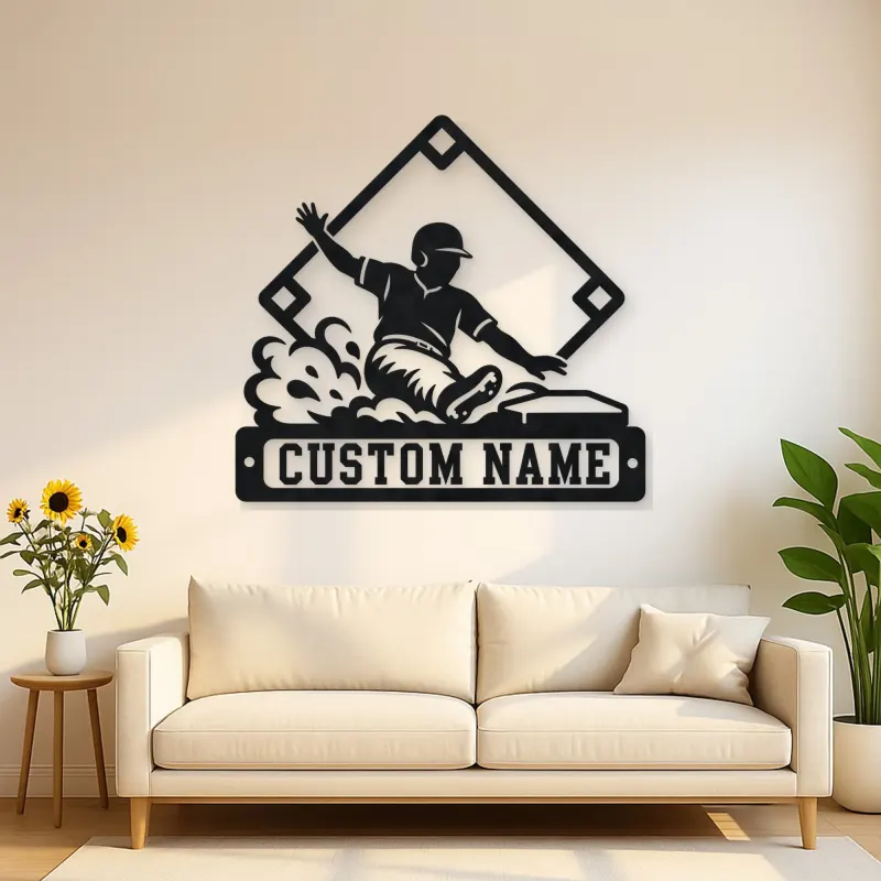 Personalized Baseball Player Sliding Home Metal Wall Art