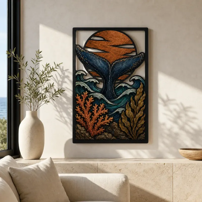 Humpback Whale Tail with Coral and Copper Sunset Colorful Metal Wall Art
