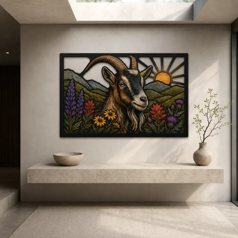 Goat with Mountain Wildflowers at Sunrise Colorful Metal Wall Art