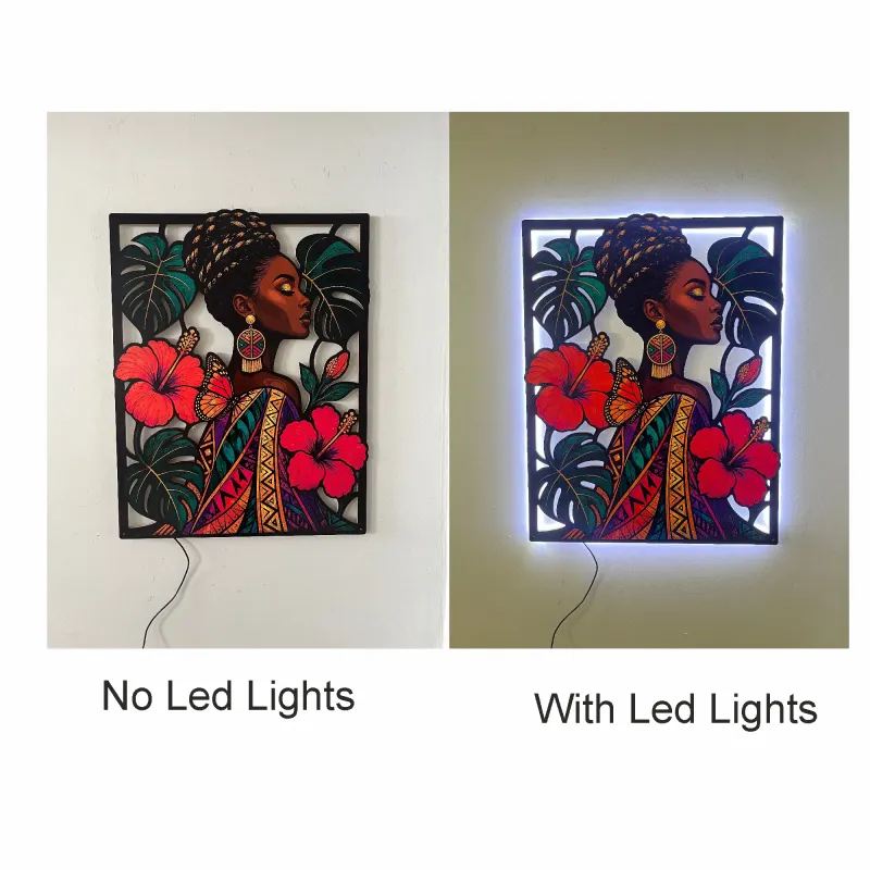 Afro Woman with Peacock Feathers and Tropical Flowers Colorful Metal Wall Art