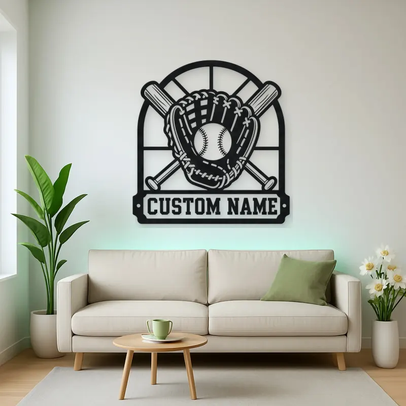 Personalized Baseball Glove Ball and Crossed Bats Metal Wall Art