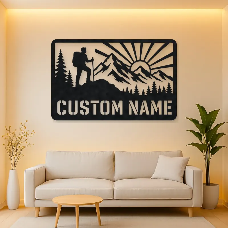 Personalized Mountain Hiker Metal Wall Art with Sunrise