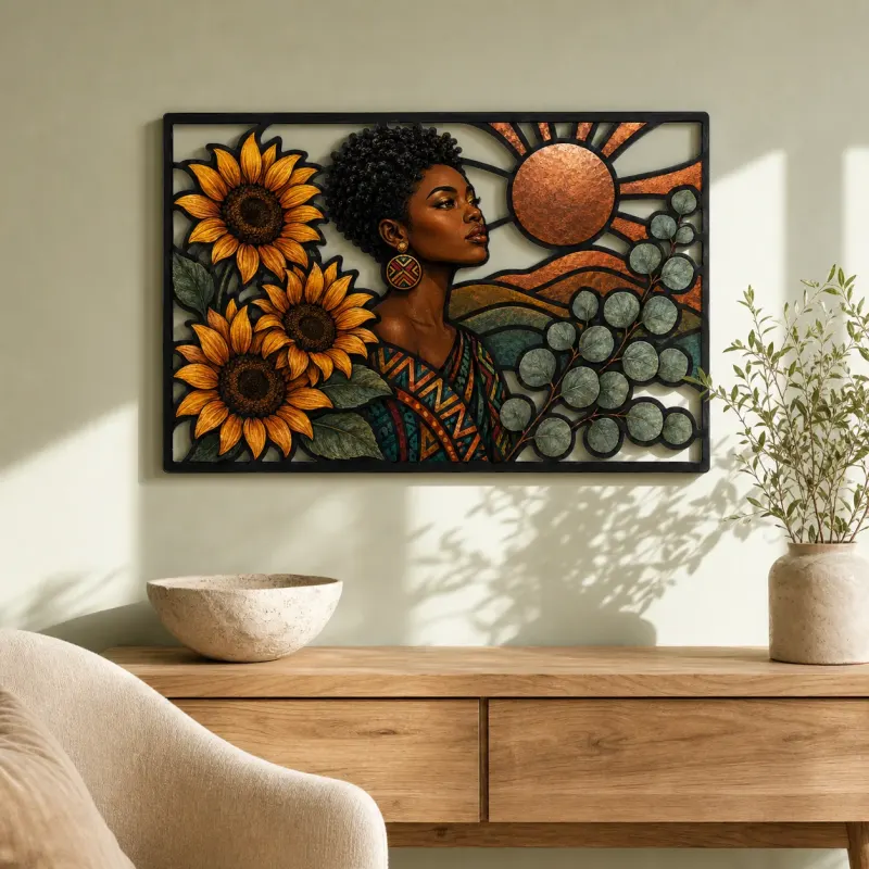 Afro Woman with Sunflowers and Copper Sun Colorful Metal Wall Art