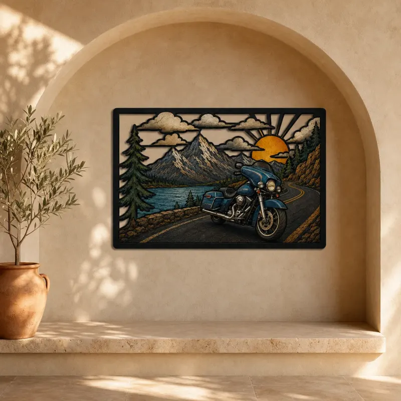 Touring Motorcycle beside Mountain Lake at Sunrise Colorful Metal Wall Art
