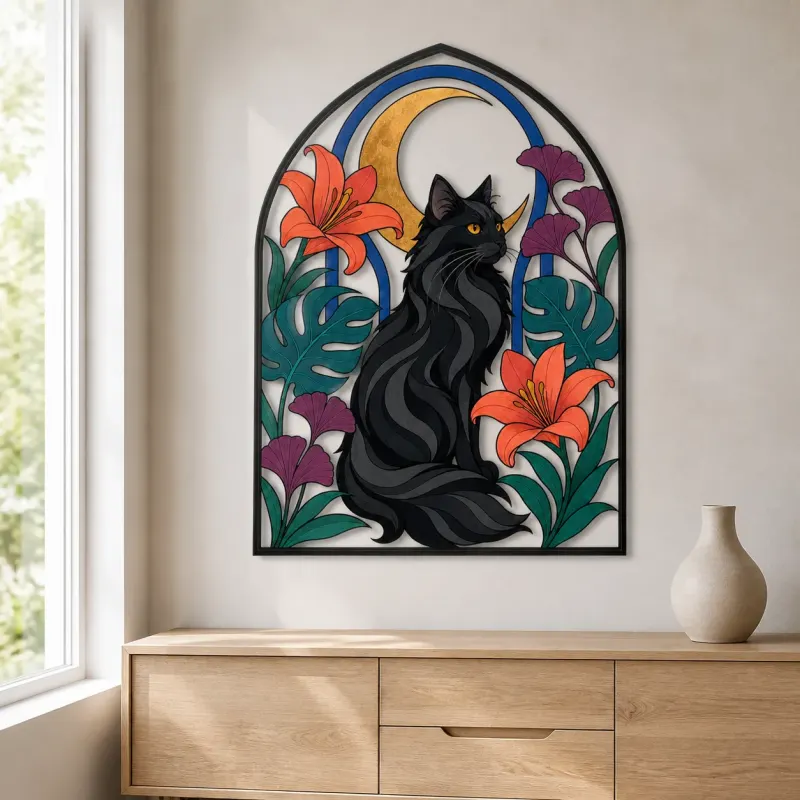 Black Cat with Tropical Flowers and Crescent Moon Colorful Metal Wall Art
