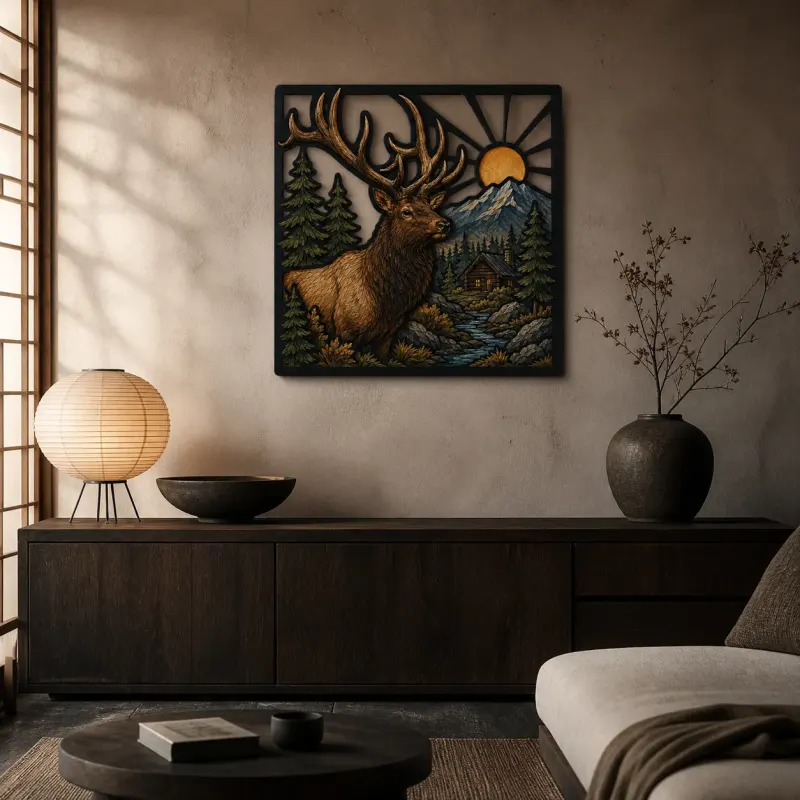 Bull Elk beside Rustic Lake Cabin at Sunrise Colorful Metal Wall Art