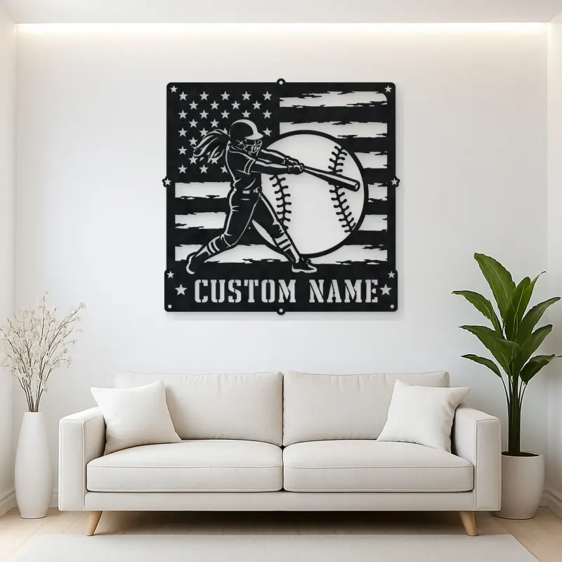 Personalized Softball Batter Distressed American Flag Metal Wall Art