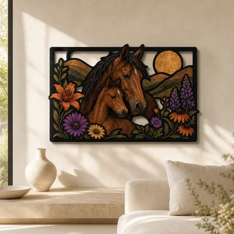 Mare and Foal with Colorful Wildflowers Metal Wall Art