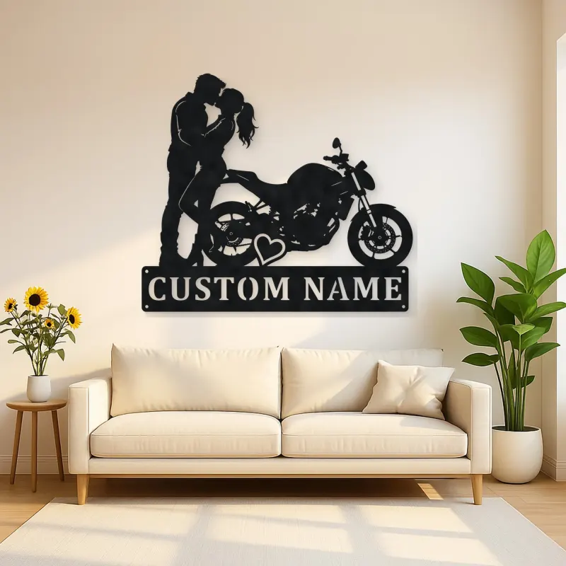 Personalized Kissing Couple Motorcycle Metal Wall Art with Heart