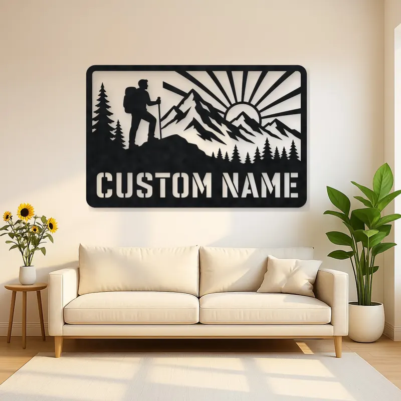 Personalized Mountain Hiker Metal Wall Art with Sunrise
