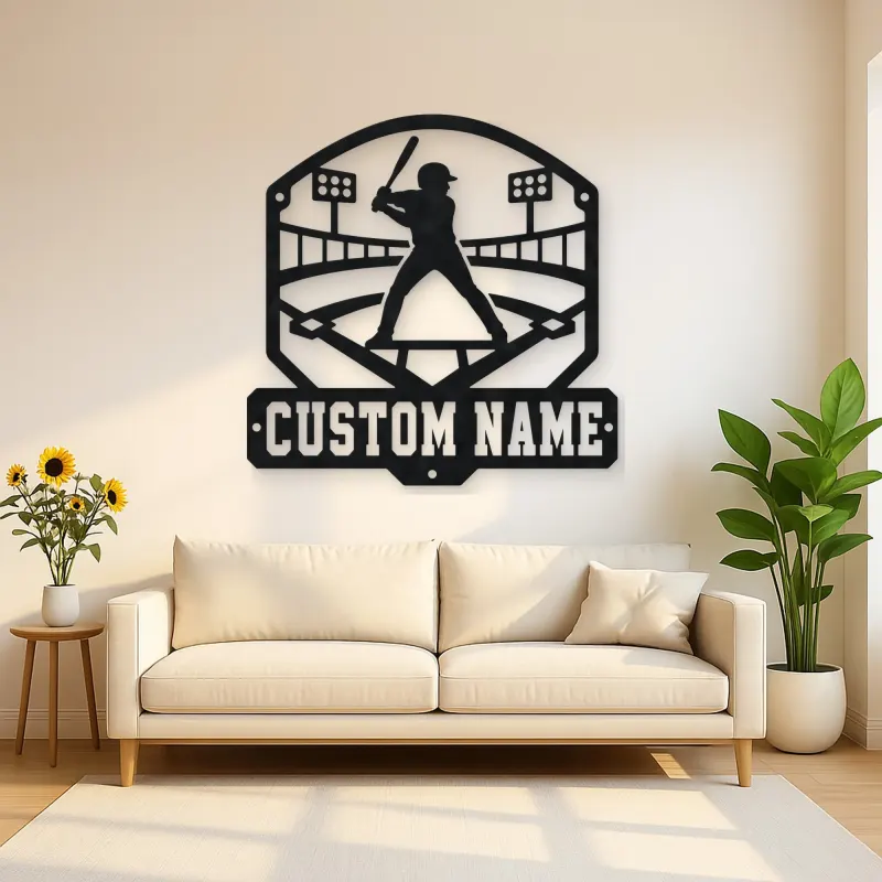 Personalized Baseball Batter Stadium Lights Metal Wall Art