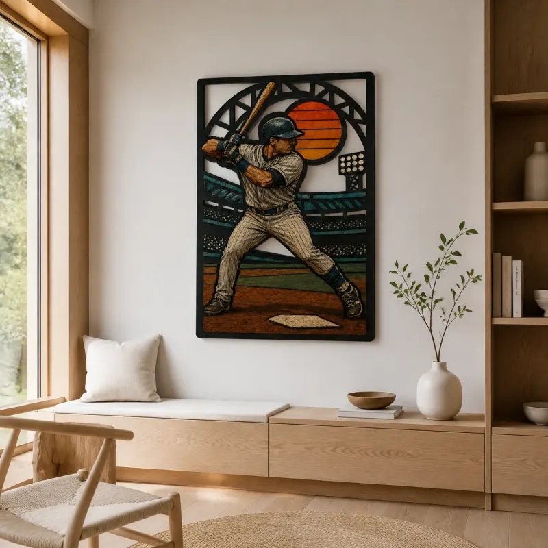 Baseball Batter in Stadium at Sunset Colorful Metal Wall Art