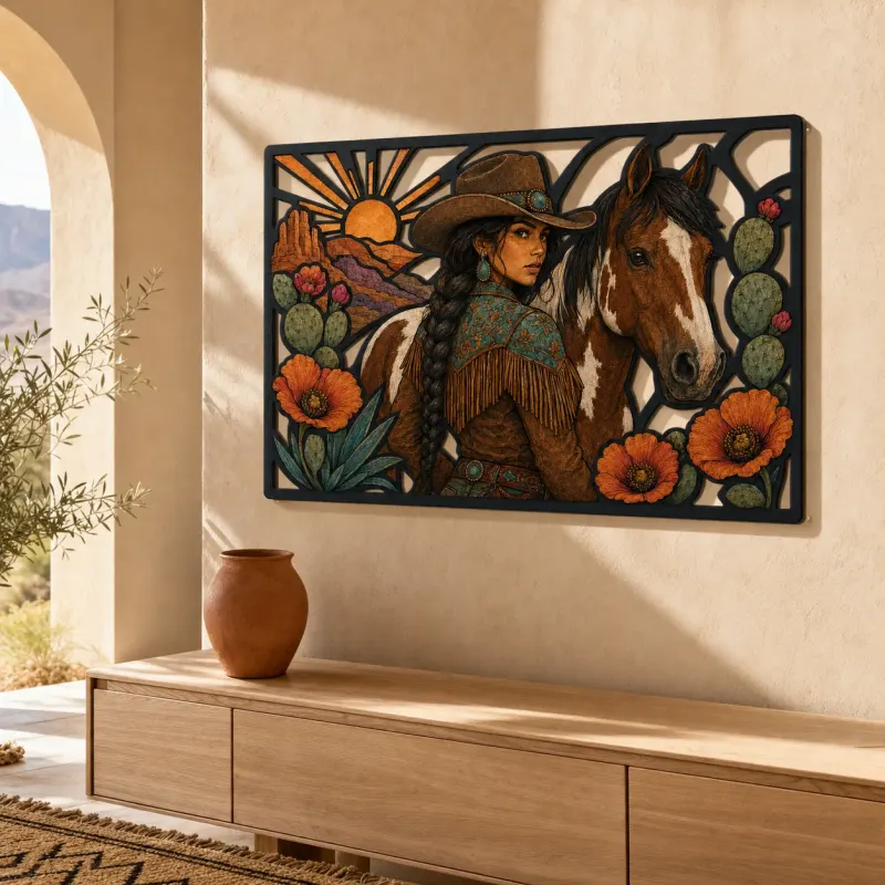 Cowgirl with Paint Horse and Desert Poppies Colorful Metal Wall Art