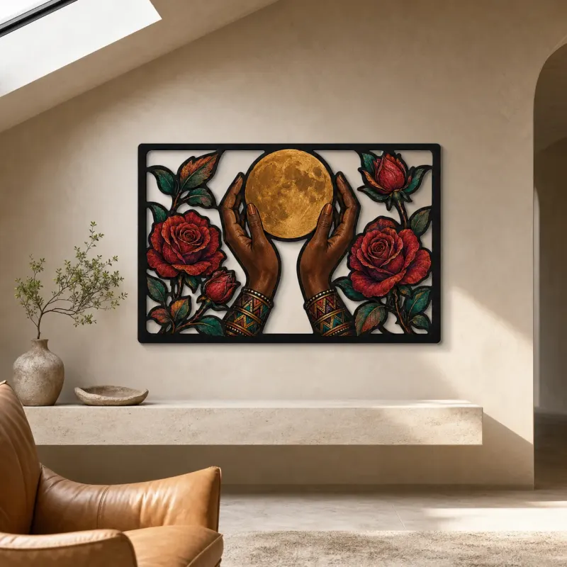 Hands Holding Full Moon between Red Roses Colorful Metal Wall Art