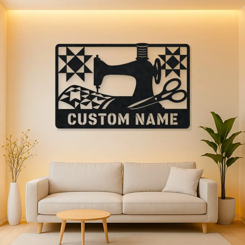 Personalized Sewing Machine Metal Wall Art with Quilt Details