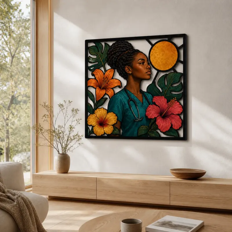 Black Woman Nurse with Tropical Hibiscus Colorful Metal Wall Art