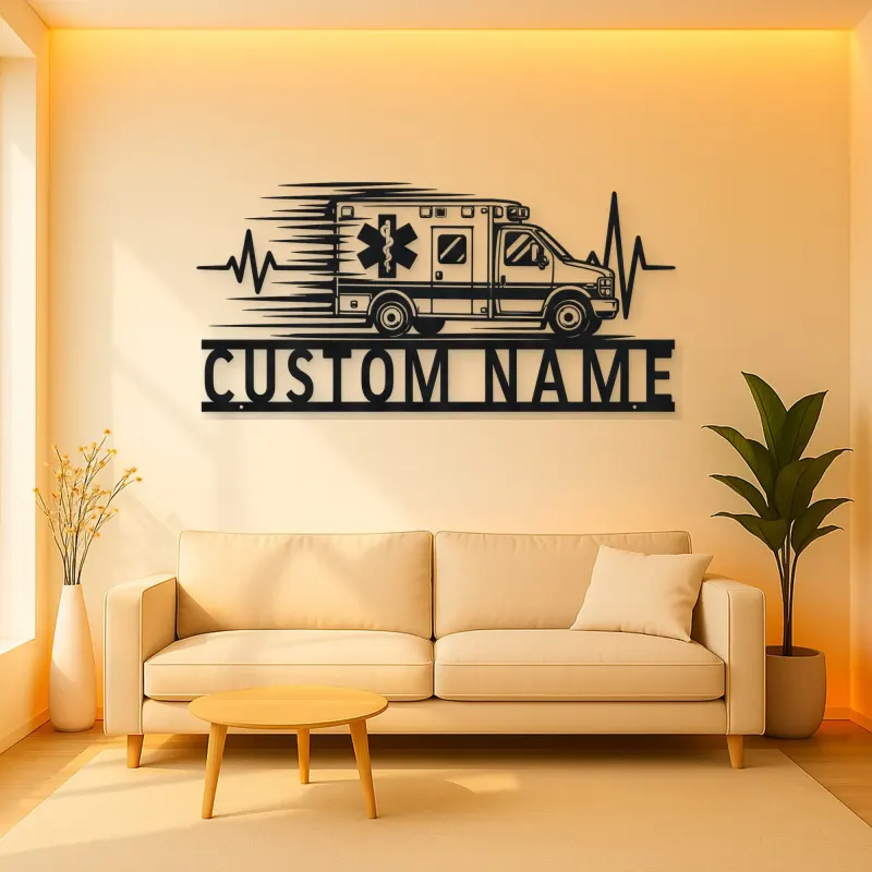 Personalized Side View Ambulance Heartbeat Metal Wall Art