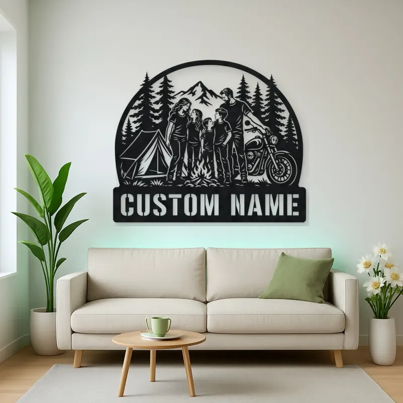 Personalized Family of Five Camping Motorcycle Metal Wall Art