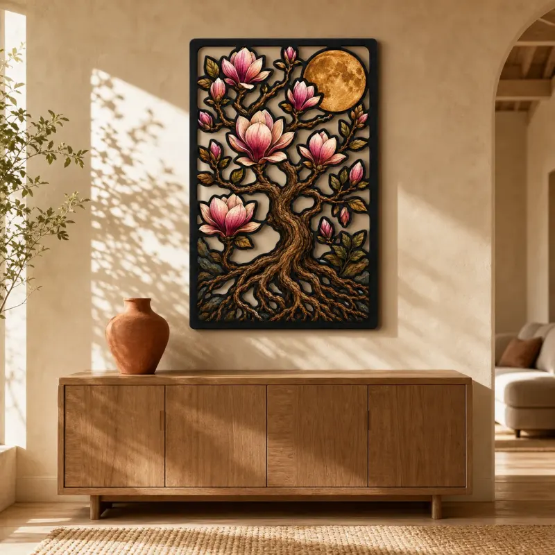 Magnolia Tree of Life with Blossoms and Moon Colorful Metal Wall Art