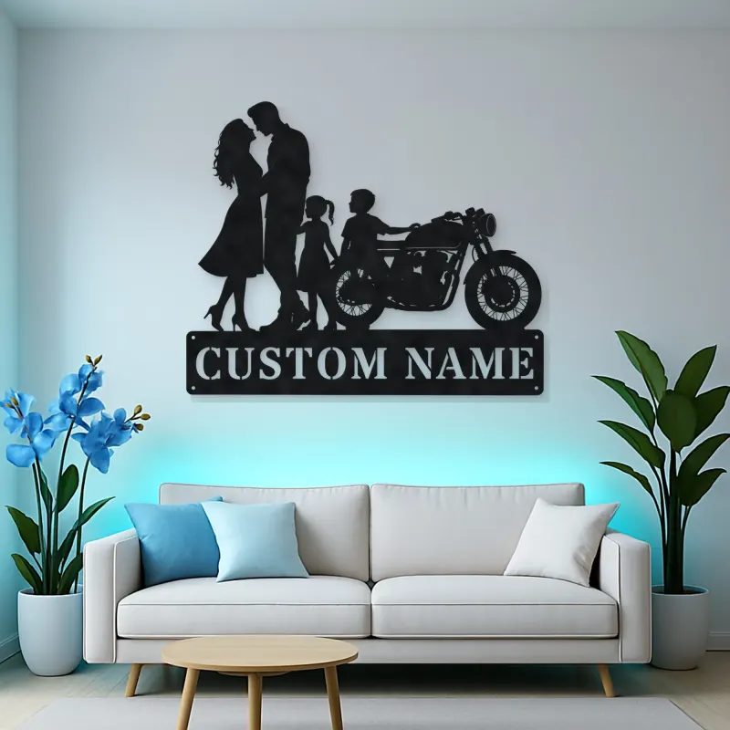 Personalized Classic Motorcycle Family of Four Metal Wall Art