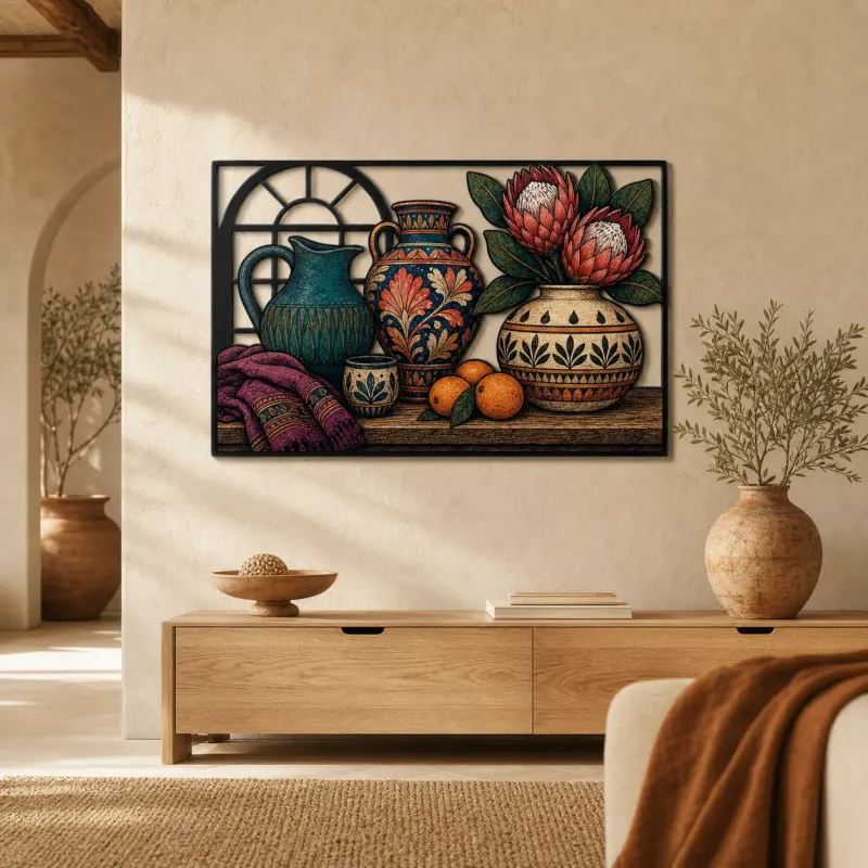 Decorative Pottery with Protea Flowers and Oranges Colorful Metal Wall Art