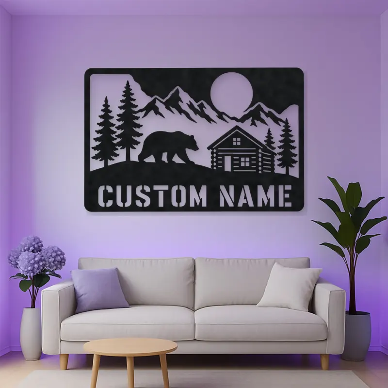 Personalized Bear and Log Cabin Metal Wall Art