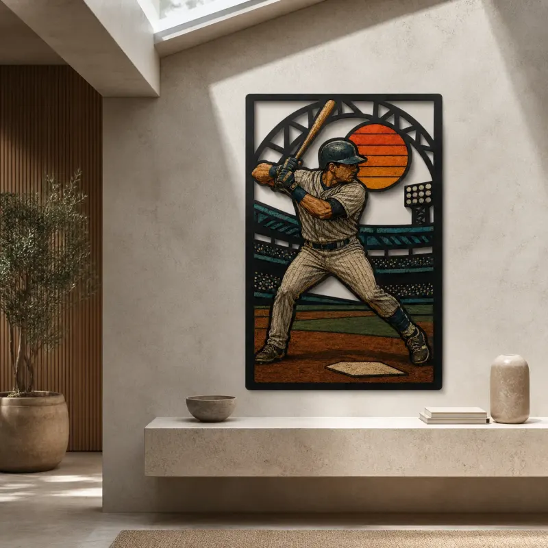 Baseball Batter in Stadium at Sunset Colorful Metal Wall Art