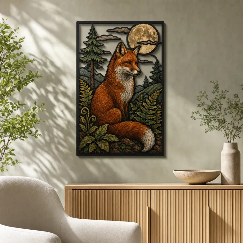 Red Fox in Pine Forest under Full Moon Colorful Metal Wall Art
