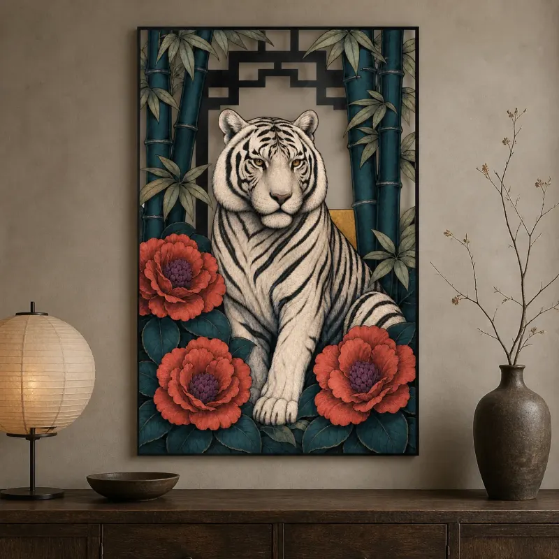 White Tiger with Bamboo and Pink Peonies Colorful Metal Wall Art