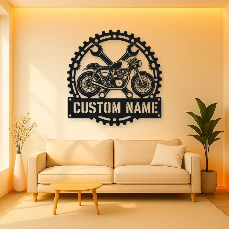 Personalized Cafe Racer Motorcycle Wrench Gear Metal Wall Art