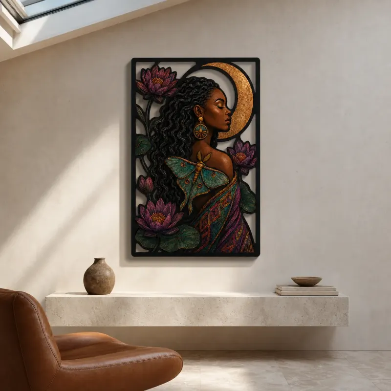 Afro Woman with Luna Moth Lotus and Crescent Moon Colorful Metal Wall Art
