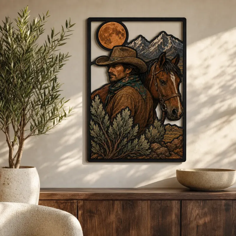 Bunter Cowboy mit Pferd, Bergen und Vollmond