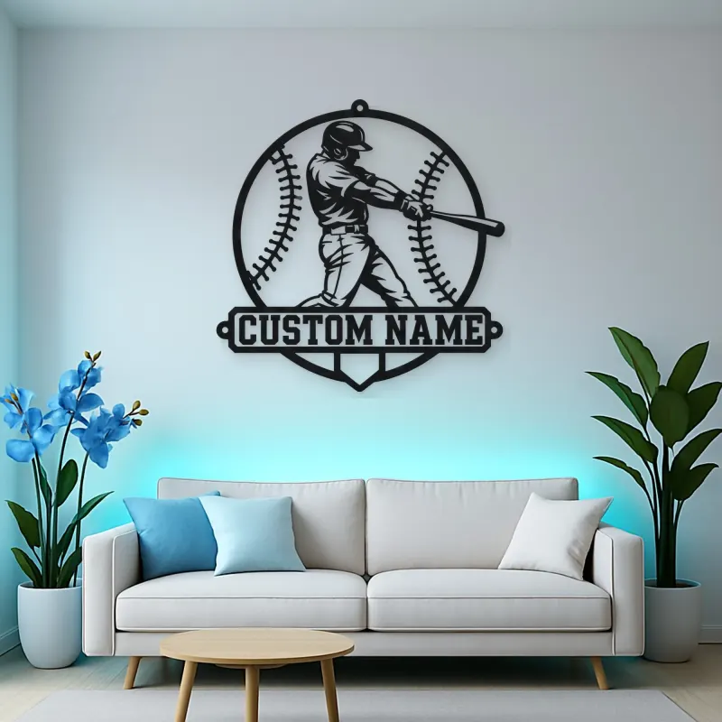 Personalized Baseball Batter Stitched Ball Metal Wall Art