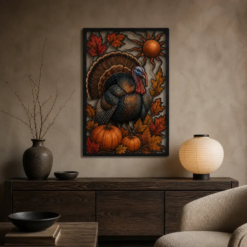 Turkey with Pumpkins and Autumn Oak Leaves Colorful Metal Wall Art