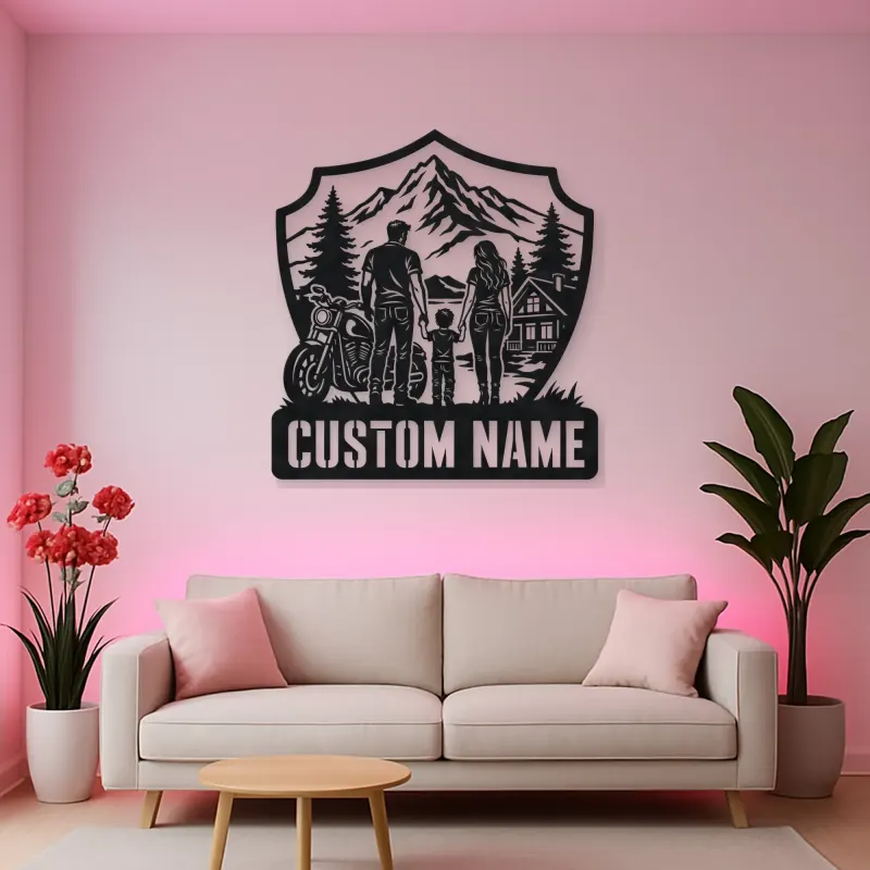 Personalized Family of Three Motorcycle Mountain Cabin Metal Wall Art