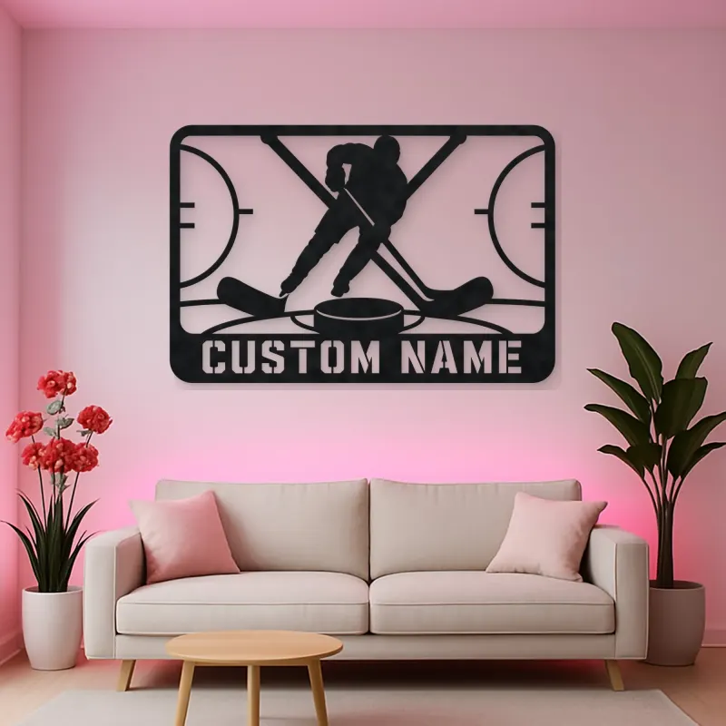 Personalized Ice Hockey Metal Wall Art with Crossed Sticks