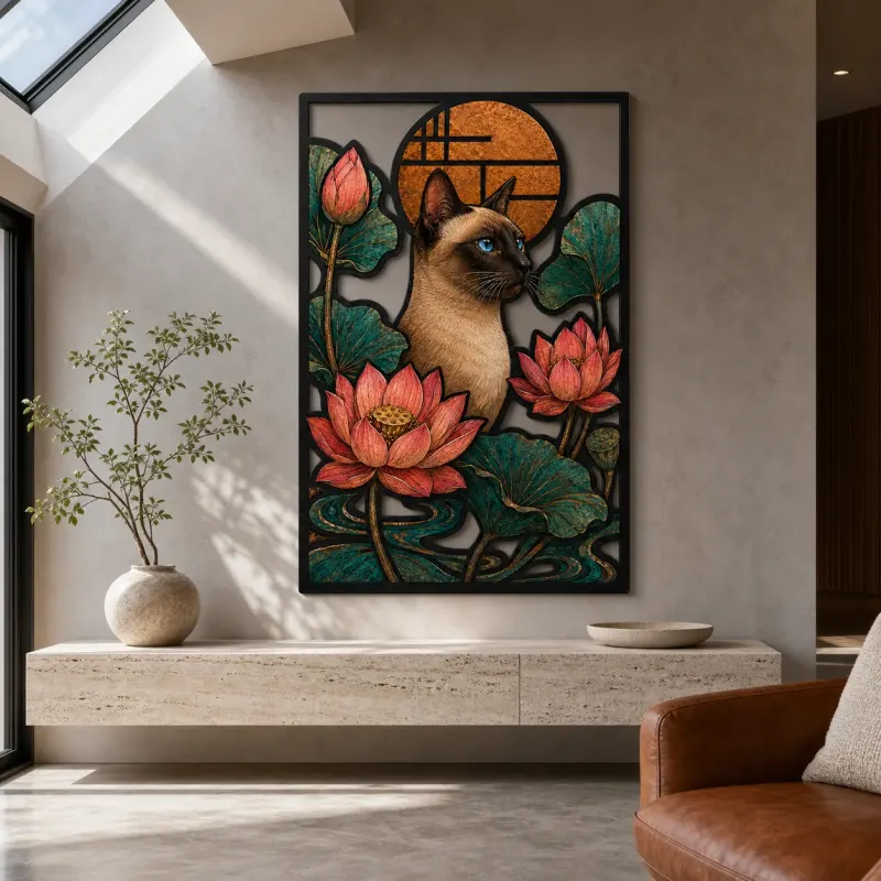Siamese Cat with Lotus Flowers and Copper Sun Colorful Metal Wall Art